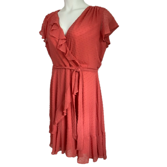 Danny & Nicole Coral Swiss Dot Chiffon Surplice Ruffle Midi Dress SKU0498 - Picture 6 of 10